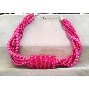 Pink Multi-Strand Beaded Statement Necklace With Faceted Crystal Center & Adjust